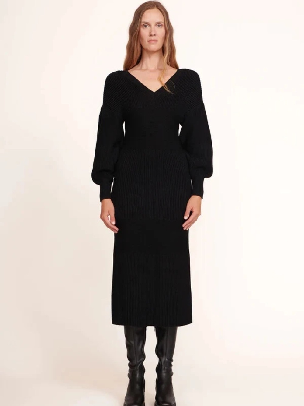 STAUD Carnation Knit Black V‑Neck Midi Dress with Balloon Sleeves